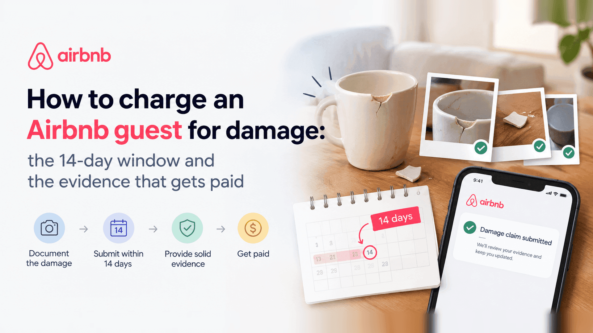 Cracked mug, photo evidence, a 14-day calendar and a phone showing an Airbnb damage claim submitted