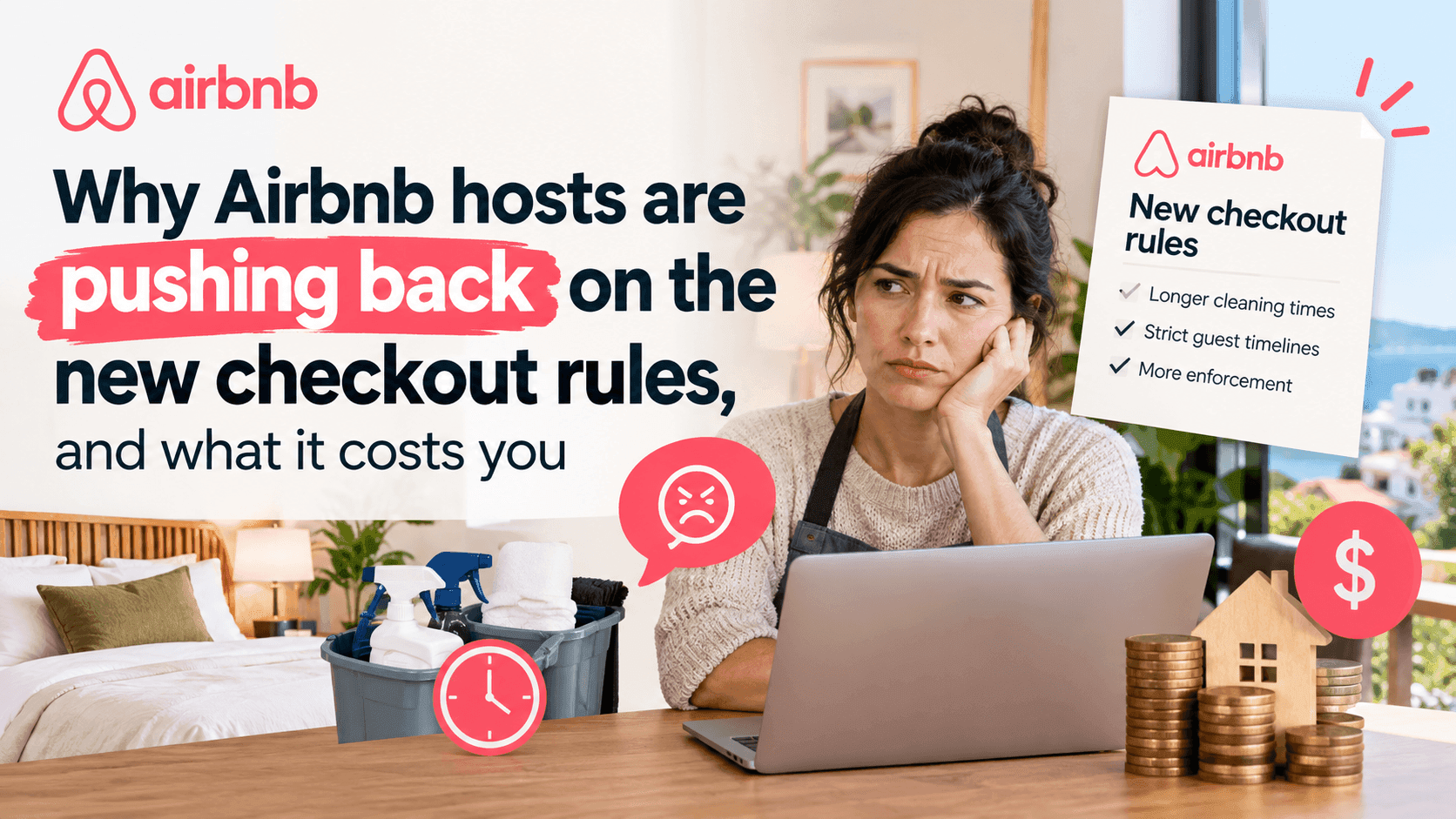 Illustration of a frustrated host at a laptop beside cleaning supplies and coins, headlined Why Airbnb hosts are pushing back on the new checkout rules