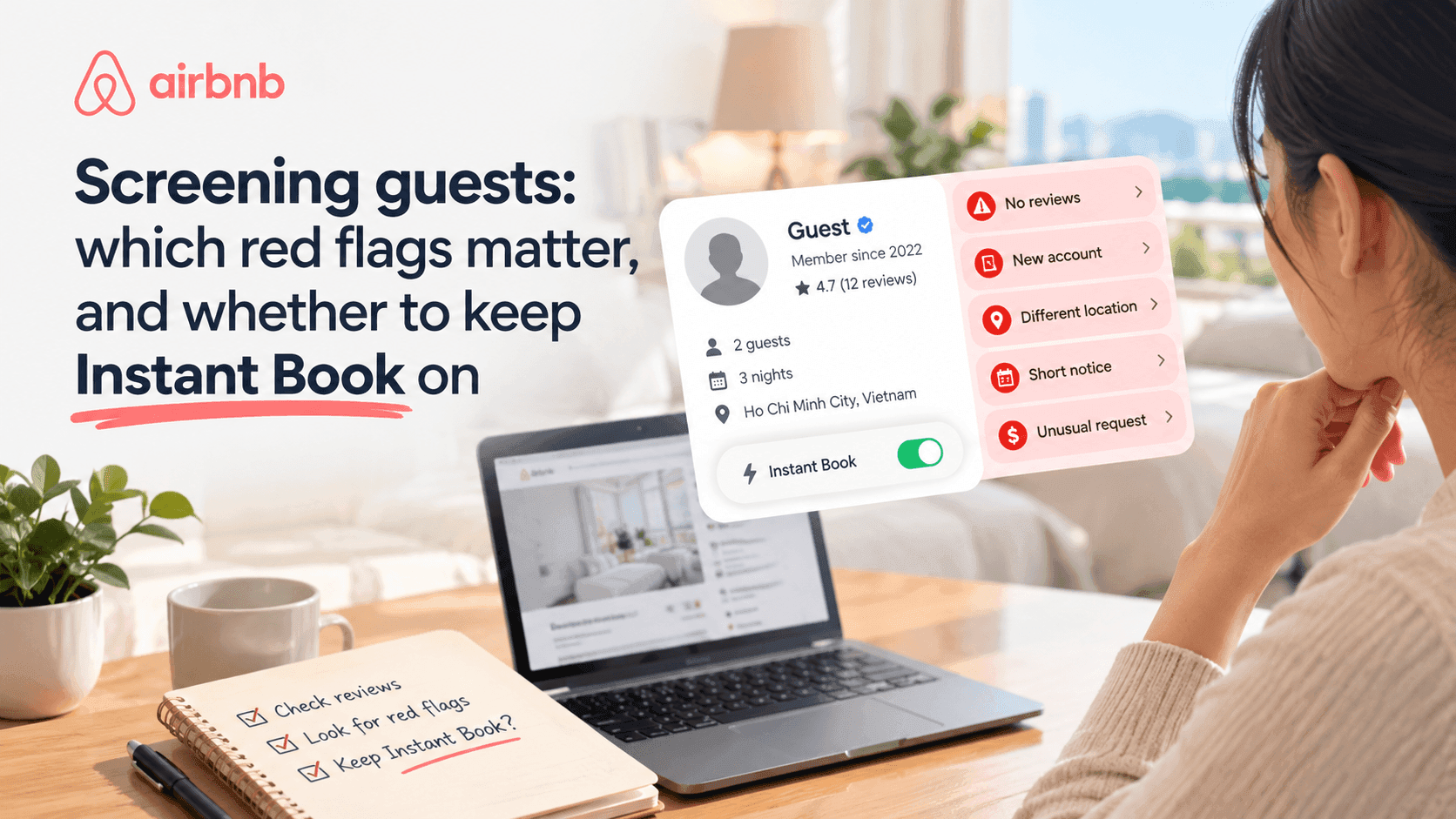 Illustration of a host reviewing a guest profile with red-flag labels and an Instant Book toggle, headlined Screening guests: which red flags matter